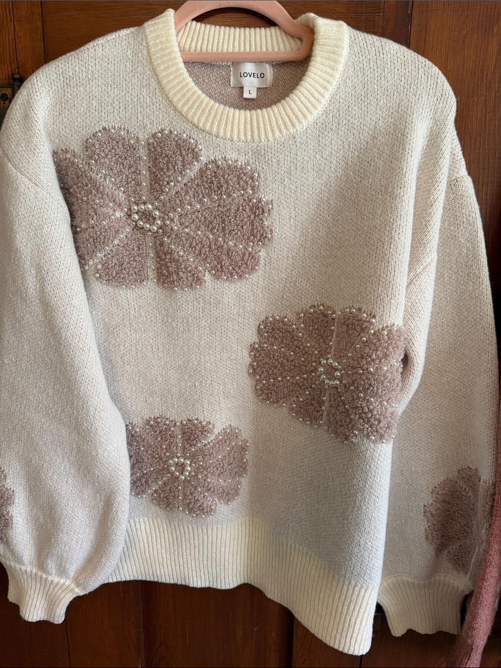 Love Cream Crewneck Sweater with Pink Beaded Floral Appliqués